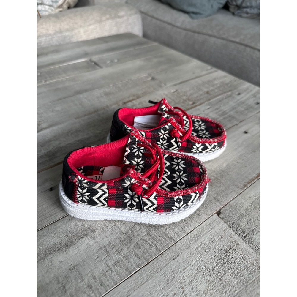 Hey Dude Wally Toddler C5 Ugly Sweater Black Red Snowflake Moccasins Shoes